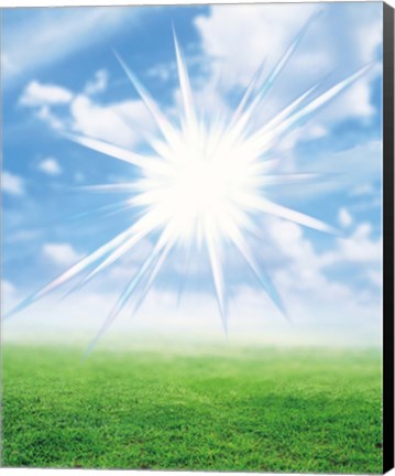 Framed Bright star like light floating in blue sky and clouds over green land Print