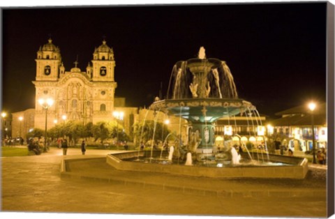 Framed Fountain lit up at night at a town square, Cuzco, Cusco Province, Cusco Region, Peru Print