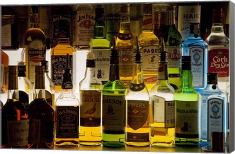 Framed Bottles of Liquor, De Luan&#39;s Bar, Ballydowane, County Waterford, Ireland Print