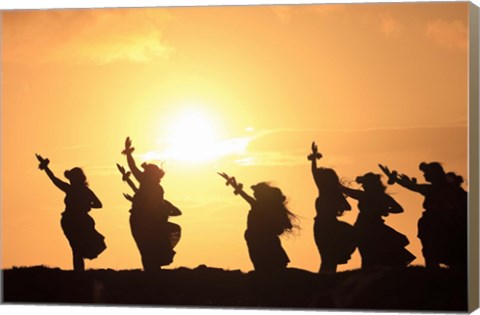 Framed Silhouette of hula dancers at sunrise, Molokai, Hawaii, USA Print