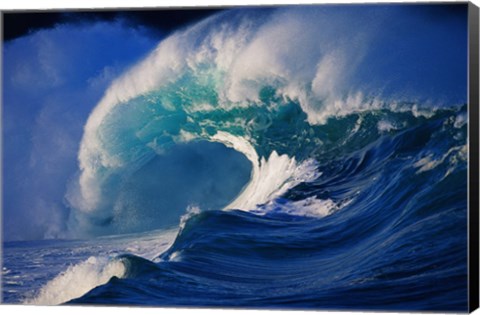 Framed Bright Blue Wave Crashing in the Ocean Print