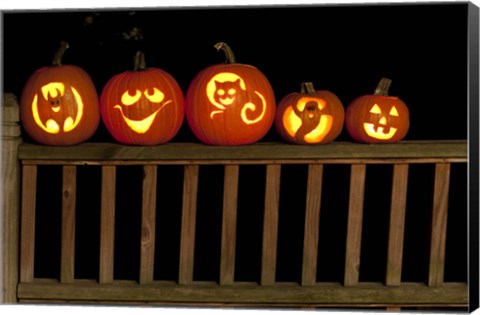 Framed Jack o&#39; lanterns lit up at night, Atlanta, Georgia, USA Print