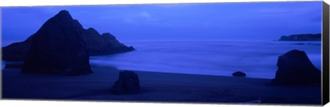 Framed Silhouette of rock formations in the sea at dusk, Myers Creek Beach, Oregon Print