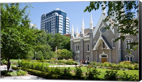 Framed Assembly hall in a city, Salt Lake Assembly Hall, Temple Square, Salt Lake City, Utah, USA Print