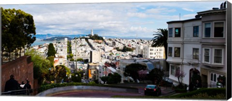 Framed Aerial view of the Lombard Street, Coit Tower, Bay Bridge, San Francisco, California, USA Print