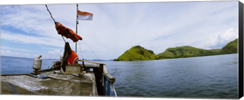 Framed Boat in the sea with islands in the background, Flores Island, Indonesia Print