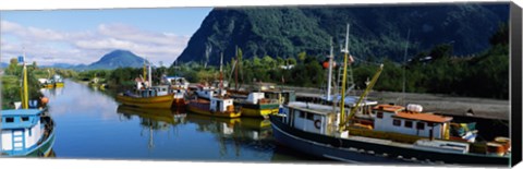 Framed Boats docked at a harbor, Puerto Aisen, AISEN Region, Patagonia, Chile Print