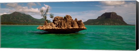 Framed Rock in Indian Ocean with mountain the background, Le Morne Mountain, Mauritius Island, Mauritius Print