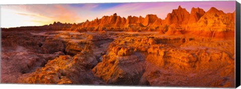 Framed Alpenglow on rock formations at sunrise, Door Trail, Badlands National Park, South Dakota, USA Print