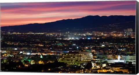 Framed High angle view of a city at dusk, Culver City, West Los Angeles, Santa Monica Mountains, Los Angeles County, California, USA Print