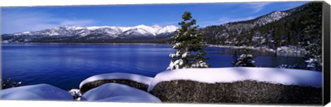 Framed Lake with a snowcapped mountain range in the background, Sand Harbor, Lake Tahoe, California, USA Print