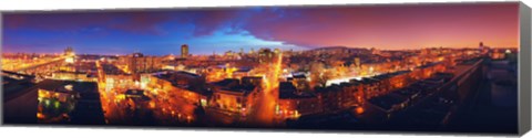 Framed High angle view of a city lit up at night, Montreal, Quebec, Canada Print