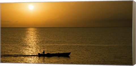 Framed Fishing boat in the sea at sunset, Negril, Westmoreland, Jamaica Print