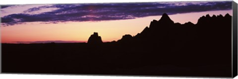 Framed Silhouette of mountains at dusk, Badlands National Park, South Dakota, USA Print