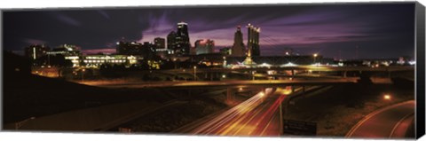 Framed Skyscrapers lit up at night in a city, Kansas City, Jackson County, Missouri, USA 2012 Print