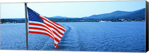 Framed Flag and view from the Minne Ha Ha Steamboat, Lake George, New York State, USA Print