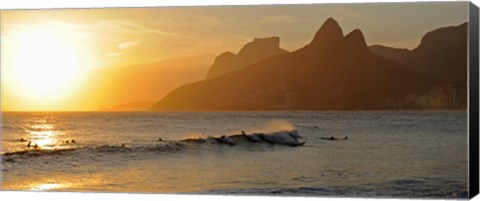 Framed Surfers at sunset on Ipanema Beach, Rio De Janeiro, Brazil Print