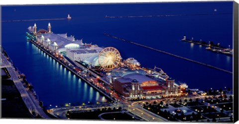 Framed Navy Pier lit up at dusk, Lake Michigan, Chicago, Cook County, Illinois, USA Print