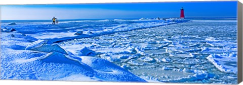 Framed Manistique Lighthouse in winter, Upper Peninsula, Michigan, USA Print