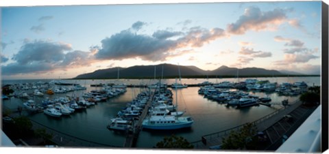 Framed Boats at a marina at dusk, Shangri-La Hotel, Cairns, Queensland, Australia Print