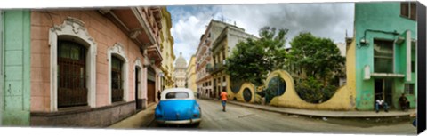 Framed Car in a street with a government building in the background, El Capitolio, Havana, Cuba Print