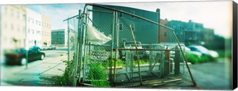 Framed Broken gate to a construction yard on a street, Williamsburg, Brooklyn, New York City, New York State, USA Print