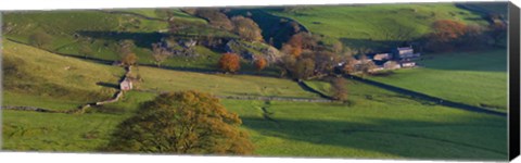 Framed High angle view of a village in valley, Dove Dale, White Peak, Peak District National Park, Derbyshire, England Print