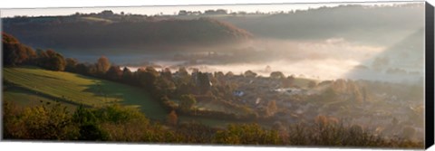 Framed Misty morning valley with village, Uley, Gloucestershire, England Print