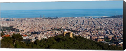 Framed Aerial View of Barcelona and Mediterranean, Spain Print