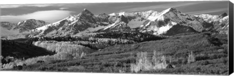 Framed Mountains covered with snow and fall colors, near Telluride, Colorado (black and white) Print