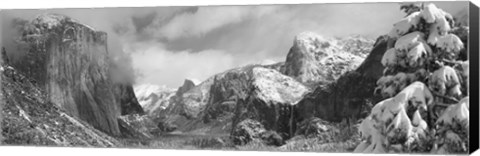 Framed Black and white view of Mountains and waterfall in snow, El Capitan, Yosemite National Park, California Print