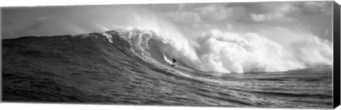 Framed Surfer in the sea in Black and White, Maui, Hawaii Print