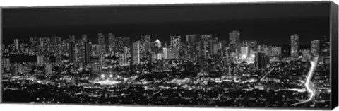 Framed High angle view of a city lit up at night, Honolulu, Oahu, Honolulu County, Hawaii (black and white) Print