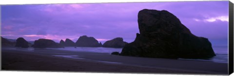 Framed Silhouette of rock formations in the sea against a pink sky, Myers Creek Beach, Oregon Print