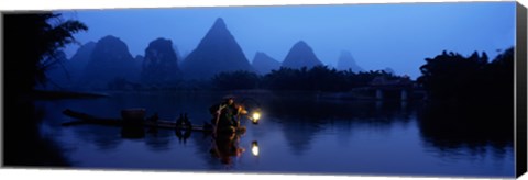 Framed Fisherman fishing at night, Li River , China Print