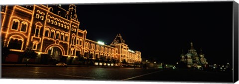 Framed Facade of a building lit up at night, GUM, Red Square, Moscow, Russia Print