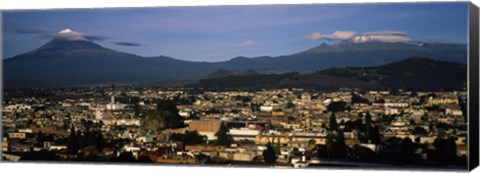 Framed Aerial view of a city a with mountain range in the background, Popocatepetl Volcano, Cholula, Puebla State, Mexico Print