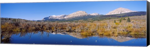 Framed Reflection of mountains in water, Milk River, US Glacier National Park, Montana, USA Print