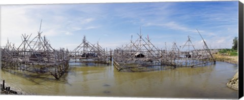 Framed Fishing platforms along coast of Madura Island, Indonesia Print