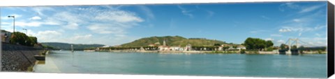 Framed Town at the waterfront, vineyards on the hill in background, Tain-l&#39;Hermitage, Rhone River, Rhone-Alpes, France Print