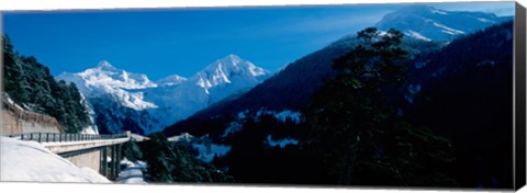 Framed Bridge through Snowcapped mountain range, Valais Canton, Switzerland Print