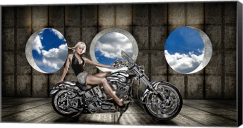 Framed Woman sitting on a motorcycle Print