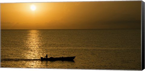 Framed Fishing boat in the sea at sunset, Negril, Westmoreland, Jamaica Print