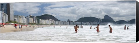 Framed People enjoying on Copacabana Beach with Sugarloaf Mountain in background, Rio De Janeiro, Brazil Print