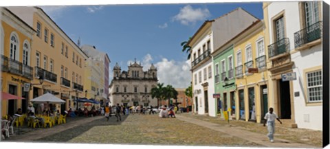 Framed Sidewalk cafes on a street in Pelourinho, Salvador, Bahia, Brazil Print