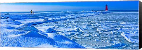 Framed Manistique Lighthouse in winter, Upper Peninsula, Michigan, USA Print