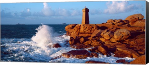 Framed Waves crashing at Ploumanac&#39;h Lighthouse, Pink Granite Coast, Perros-Guirec, Cotes-d&#39;Armor, Brittany, France Print