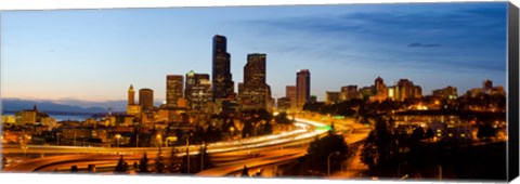 Framed Skyscrapers lit up at dusk in a city, Seattle, King County, Washington State, USA 2013 Print