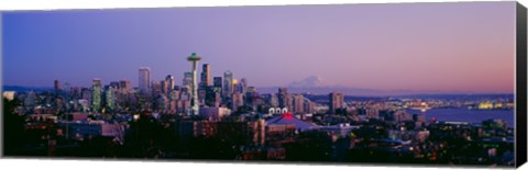 Framed High angle view of a city at sunrise, Seattle, Mt Rainier, Washington State Print