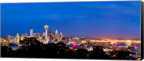 Framed High angle view of a city at dusk, Seattle, King County, Washington State, USA 2012 Print